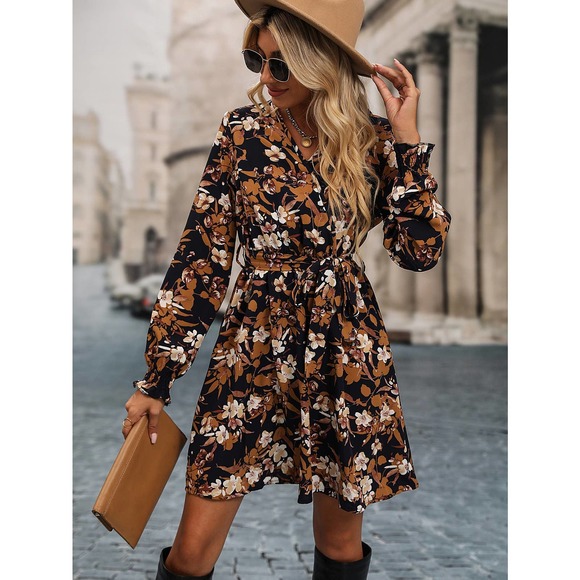 Boho Floral Print v neck Bishop Sleeve Belted mini Dress black orange - Picture 4 of 6